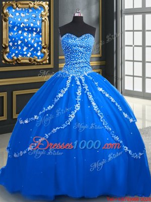 Trendy Tulle Sweetheart Sleeveless Brush Train Lace Up Beading and Appliques Quinceanera Dress in Blue