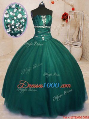 Elegant Dark Green Ball Gowns Beading Quince Ball Gowns Lace Up Tulle Sleeveless Floor Length