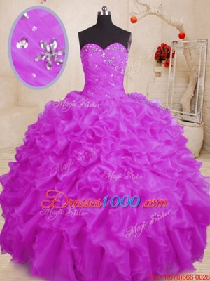 Purple Ball Gowns Sweetheart Sleeveless Organza Floor Length Lace Up Beading and Ruffles Sweet 16 Dress