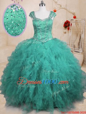 Stunning Floor Length Turquoise 15th Birthday Dress Tulle Cap Sleeves Beading and Ruffles