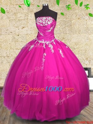 Colorful Fuchsia Sleeveless Floor Length Appliques and Ruching Lace Up Quince Ball Gowns