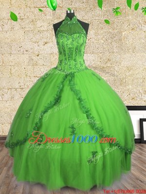 Halter Top Sleeveless Sweet 16 Dress Floor Length Beading Tulle
