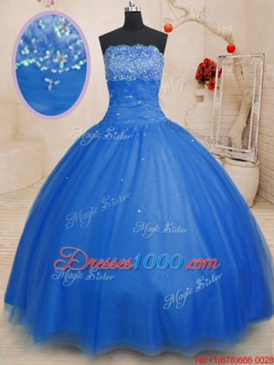 Blue Sleeveless Beading Floor Length Sweet 16 Quinceanera Dress