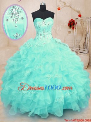 Glamorous Organza Sweetheart Sleeveless Lace Up Beading and Ruffles Vestidos de Quinceanera in Turquoise