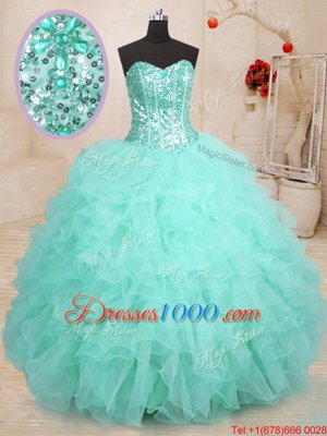 Luxurious Beading and Ruffles Quinceanera Gown Apple Green Lace Up Sleeveless Floor Length