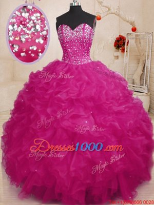 Fuchsia Lace Up Sweetheart Beading and Ruffles 15th Birthday Dress Organza Sleeveless