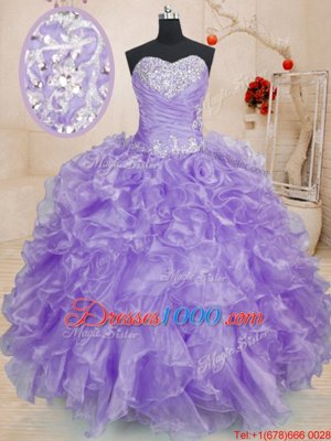 Cute Lavender Lace Up Sweetheart Beading and Ruffles Sweet 16 Dresses Organza Sleeveless
