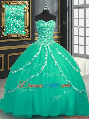 Tulle Sweetheart Sleeveless Brush Train Lace Up Beading and Appliques Ball Gown Prom Dress in Turquoise