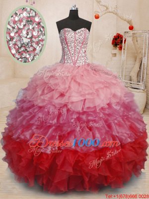Sleeveless Floor Length Beading and Ruffles Lace Up Quinceanera Dress with Multi-color