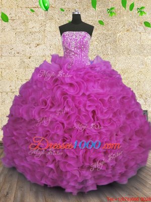 Fuchsia Quinceanera Gowns Military Ball and Sweet 16 and Quinceanera and For with Beading and Ruffles Strapless Sleeveless Lace Up