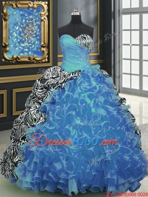 Enchanting Printed Sleeveless Brush Train Beading and Ruffles and Pattern Lace Up Quinceanera Dresses