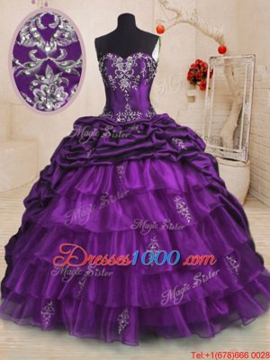 Purple Organza and Taffeta Lace Up Sweetheart Sleeveless With Train Sweet 16 Quinceanera Dress Sweep Train Beading and Appliques and Ruffled Layers and Pick Ups
