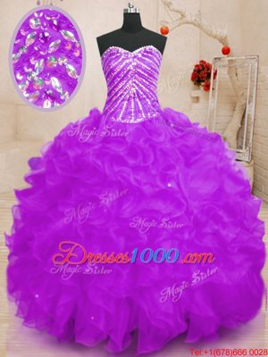 High Quality Sequins Purple Sleeveless Organza Lace Up Sweet 16 Dress for Sweet 16 and Quinceanera