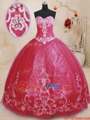 Eye-catching Floor Length Red Vestidos de Quinceanera Tulle Sleeveless Beading and Embroidery