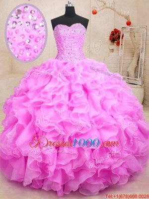 Sweetheart Sleeveless Quinceanera Gown Floor Length Beading and Ruffles Rose Pink Organza