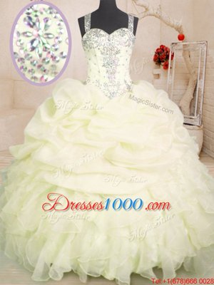Pick Ups Ball Gowns Quinceanera Dress Light Yellow Straps Organza Sleeveless Floor Length Zipper