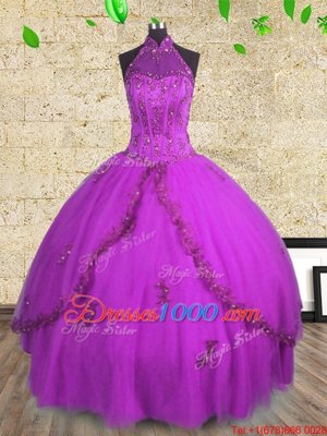 Purple Tulle Lace Up Halter Top Sleeveless Floor Length Sweet 16 Dress Beading