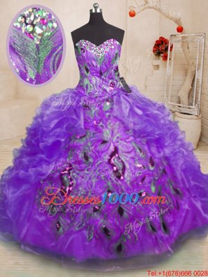 Purple Organza Zipper Quinceanera Gowns Sleeveless Floor Length Beading and Appliques and Ruffles