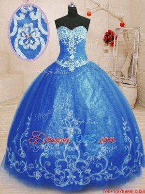 Sleeveless Tulle Floor Length Lace Up Quinceanera Gowns in Blue for with Beading and Appliques