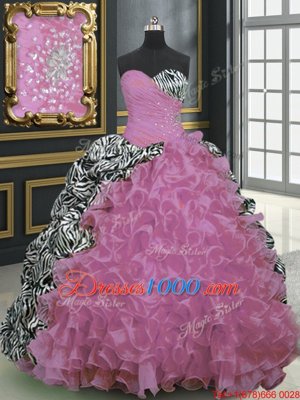 Stunning Printed Beading and Ruffles and Pattern Quinceanera Dress Rose Pink Lace Up Sleeveless With Brush Train