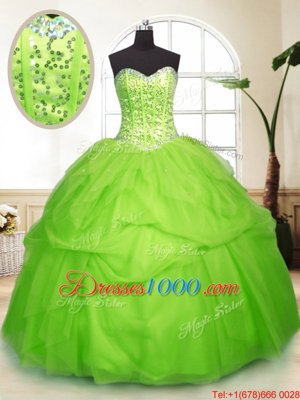 Most Popular Tulle Lace Up Quinceanera Dress Sleeveless Floor Length Sequins and Pick Ups