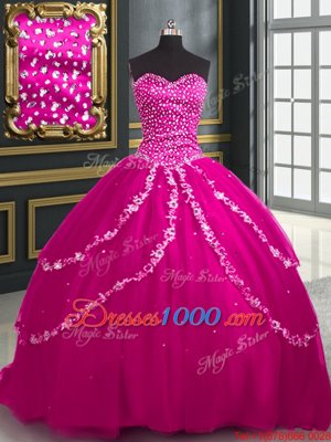 High Quality With Train Lace Up Sweet 16 Dresses Fuchsia and In for Military Ball and Sweet 16 and Quinceanera with Beading and Appliques Brush Train