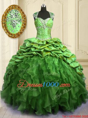 High Quality Floor Length Quinceanera Dresses Organza and Taffeta Brush Train Cap Sleeves Beading and Ruffles and Pick Ups