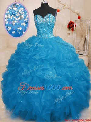 Floor Length Lace Up 15th Birthday Dress Blue and In for Military Ball and Sweet 16 and Quinceanera with Beading and Ruffles