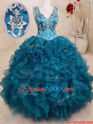Pretty Teal Organza Backless V-neck Sleeveless Floor Length Vestidos de Quinceanera Beading and Embroidery and Ruffles