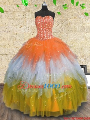 Flirting Sweetheart Sleeveless Tulle Quinceanera Gowns Beading and Ruffles and Sequins Lace Up