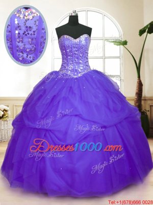 Dazzling Sequins Pick Ups Floor Length Ball Gowns Sleeveless Purple Quinceanera Gown Lace Up