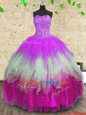 Great Multi-color Ball Gowns Beading and Ruffles and Ruffled Layers Quince Ball Gowns Lace Up Tulle Sleeveless Floor Length