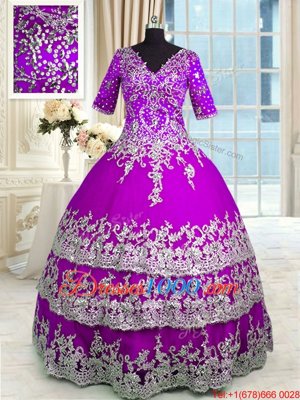 Enchanting Half Sleeves Floor Length Appliques and Ruffled Layers Zipper Sweet 16 Quinceanera Dress with Purple