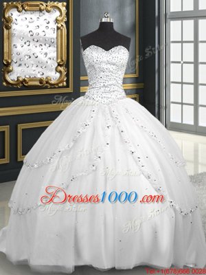 Sumptuous White Sleeveless With Train Beading and Appliques Lace Up Quinceanera Dresses