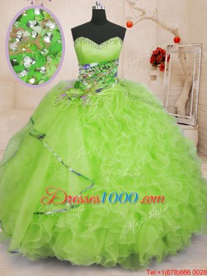 Sleeveless Organza Floor Length Lace Up Quinceanera Dress in Yellow Green for with Beading and Ruffles