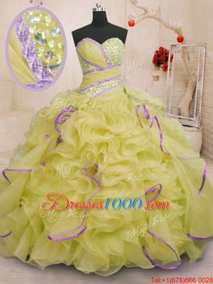 Wonderful Sleeveless With Train Beading and Ruffles Lace Up Sweet 16 Dresses with Yellow Brush Train