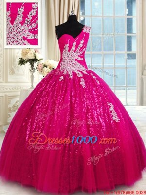 Deluxe One Shoulder Tulle and Sequined Sleeveless Floor Length Quinceanera Dress and Appliques