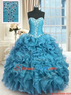 Floor Length Baby Blue Vestidos de Quinceanera Organza Sleeveless Beading and Ruffles