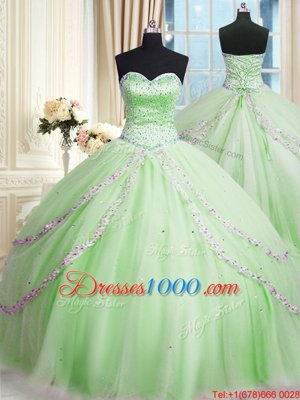 Apple Green Tulle Lace Up Quinceanera Gowns Sleeveless With Train Court Train Beading and Appliques