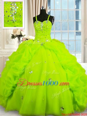 Organza Spaghetti Straps Sleeveless Lace Up Beading and Pick Ups Vestidos de Quinceanera in Yellow Green