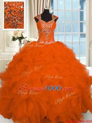 Great Orange Red 15th Birthday Dress Military Ball and Sweet 16 and Quinceanera and For with Beading and Ruffles Straps Cap Sleeves Lace Up