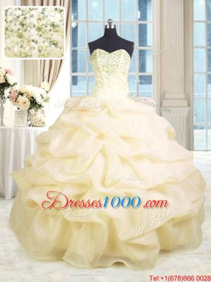 Cheap Sweetheart Sleeveless Sweet 16 Dresses Floor Length Beading and Ruffles Champagne Organza