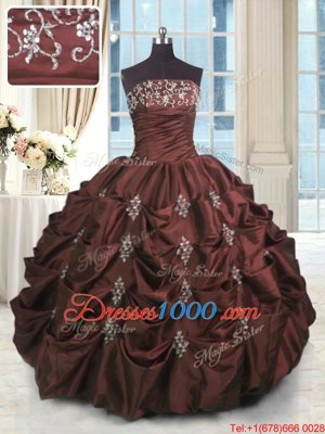 Top Selling Burgundy Ball Gowns Beading and Appliques and Embroidery and Pick Ups Quinceanera Gown Lace Up Taffeta Sleeveless Floor Length