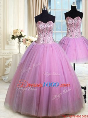 Customized Three Piece Lilac Sleeveless Floor Length Beading Lace Up Vestidos de Quinceanera
