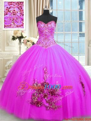 Dynamic Fuchsia Ball Gowns Tulle Sweetheart Sleeveless Beading and Appliques and Embroidery Floor Length Lace Up Quinceanera Gown