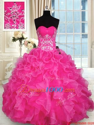 Floor Length Hot Pink Quinceanera Dress Organza Sleeveless Beading and Appliques and Ruffles
