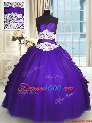 Purple Sleeveless Floor Length Beading and Lace and Appliques and Ruching and Pick Ups Lace Up Quince Ball Gowns