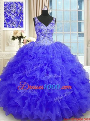 Fashion V-neck Neckline Beading and Ruffles Quinceanera Dress Sleeveless Zipper