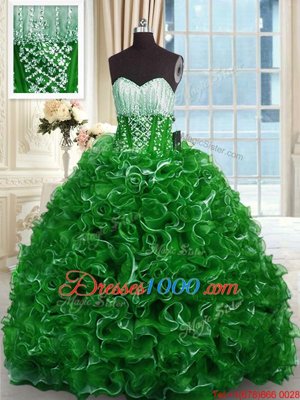 Nice Sweetheart Sleeveless Organza Ball Gown Prom Dress Beading and Ruffles Brush Train Lace Up