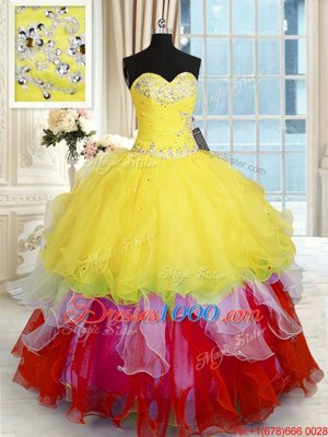 Sweet Sleeveless Floor Length Beading and Ruffles Lace Up 15th Birthday Dress with Multi-color